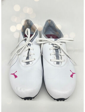 Puma Womens 10.5 White Leather Spikeless Golf Shoes Hot Pink Logo